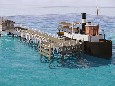 Vintage Wooden Steamship Docked at Pier with Cabin Over Blue Water 3d model