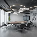 Modern Conference Room with Round Wooden Table White Chairs Circular Ceiling Lights World Map Wall