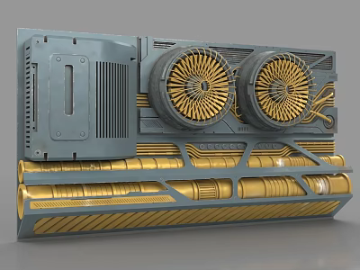 Advanced Industrial Equipment With Dual Gold Fans Gray Housing Metallic Pipes And Heat Sink 3d model