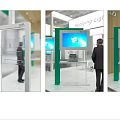 USHIO Exhibition Booth With Green Canopy Wooden Structure And Display Screens