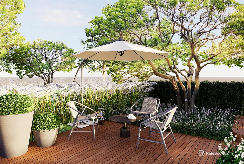 Outdoor Table and Chair Set With White Umbrella On Wooden Deck Surrounded by Green Trees 3d model 