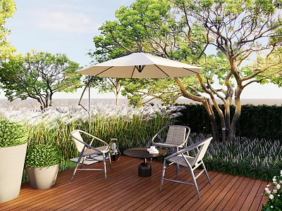 Outdoor Table and Chair Set With White Umbrella On Wooden Deck Surrounded by Green Trees 3d model