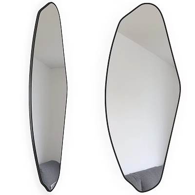 Contemporary Irregular Mirrors With Black Thin Frames Mounted On White Wall Reflecting Gray Furniture 3d model