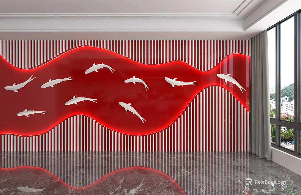 Red And White Striped Background Wall With Wavy Red Design And White Fish Patterns 3d model 