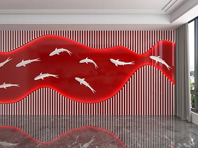 Red And White Striped Background Wall With Wavy Red Design And White Fish Patterns 3d model