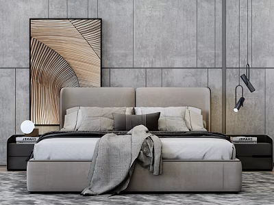 Modern Double Bed With Gray Headboard Pillows Blanket Wall Art And Pendant Lights 3d model