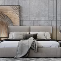 Modern Double Bed With Gray Headboard Pillows Blanket Wall Art And Pendant Lights