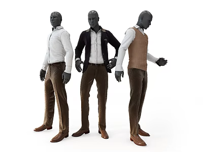 Three Male Models In White Shirts Black Jackets Brown Vests Brown Pants With Various Poses 3d model