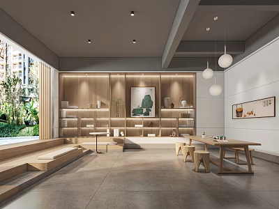 Modern Lounge Area With Wooden Shelves Greenery View Round Pendant Lights And Decorative Paintings 3d model