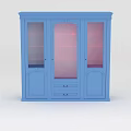 Stylish Blue Wine Cabinet With Glass Doors Shelves And Bottom Drawers