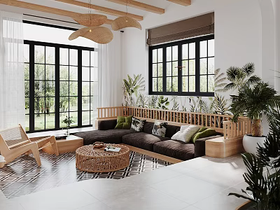 Bright Modern Living Dining Room Interior With Large Windows Comfortable Sofa Coffee Table And Green Plants 3d model