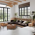 Bright Modern Living Dining Room Interior With Large Windows Comfortable Sofa Coffee Table And Green Plants