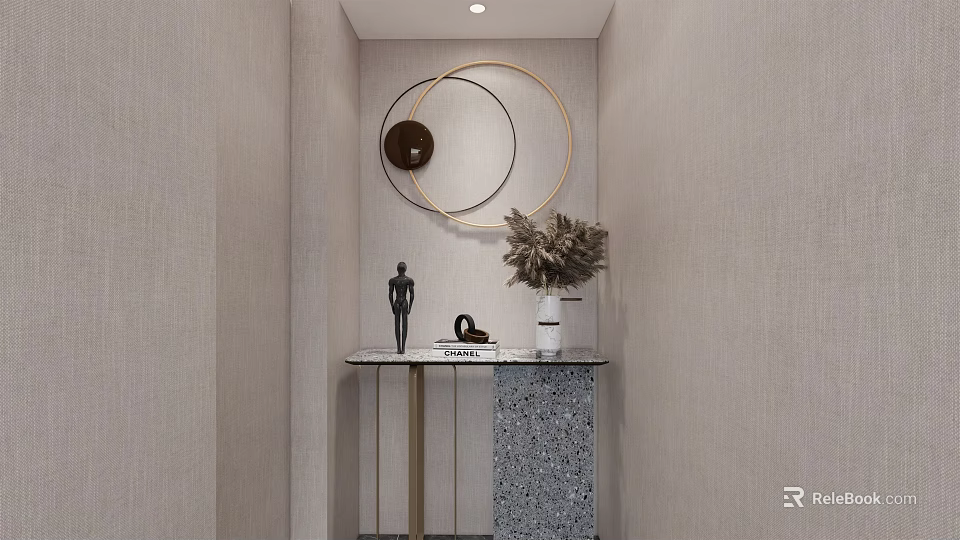 Modern Console Table with Circular Mirrors and Decorative Items on Textured Wall 3d model