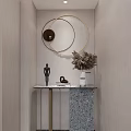 Modern Console Table with Circular Mirrors and Decorative Items on Textured Wall 3d model