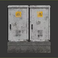 Two Gray Metal Distribution Boxes With Yellow Warning Signs On Concrete Base 3d model