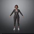 Business Woman In Gray Suit And White Sneakers Standing Against Gray Background