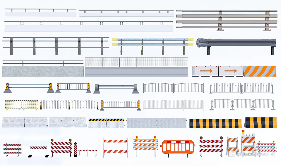 Diverse Fence Designs Featuring Metal Railings Concrete Barriers and Traffic Safety Elements 3d model 