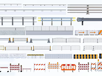 Diverse Fence Designs Featuring Metal Railings Concrete Barriers and Traffic Safety Elements 3d model