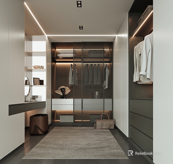 Elegant Modern Walk-in Closet with White Gray Tones Metal Frame Hanging Area Drawers and Carpet 3d model 