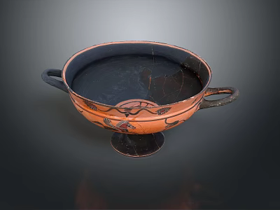 Ancient Greek Ceramic Bowl With Two Handles Orange Base Black Decorative Patterns Pedestal Stand 3d model
