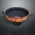 Ancient Greek Ceramic Bowl With Two Handles Orange Base Black Decorative Patterns Pedestal Stand