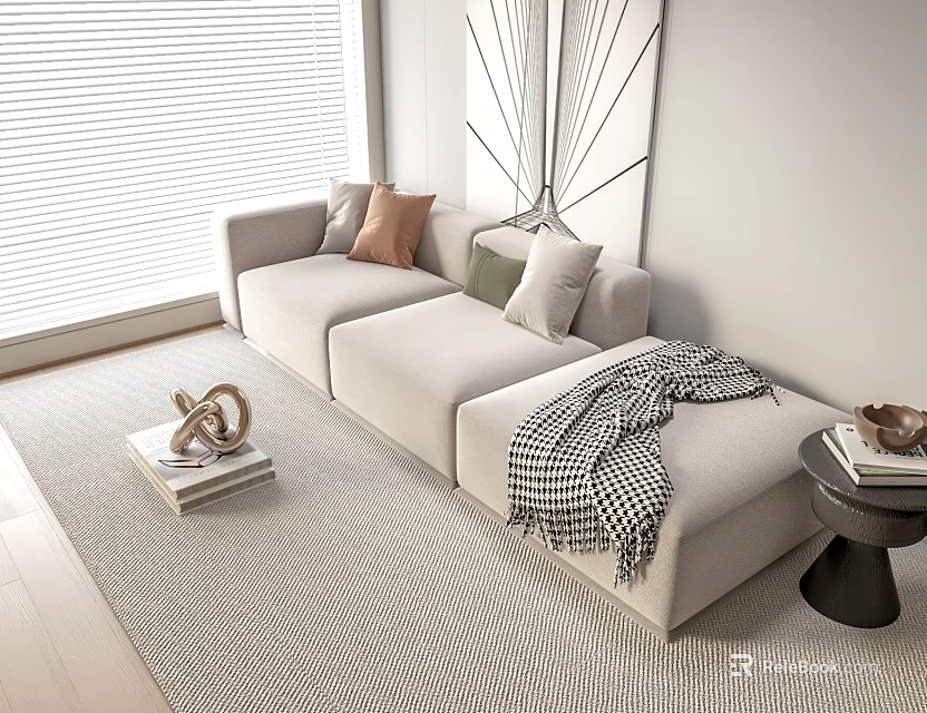 Light Colored Sectional Sofa With Throw Pillows Blanket And Side Table In Modern Living Room 3d model