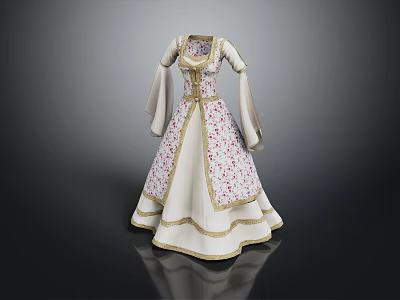 Elegant Vintage White Dress With Gold Trim Floral Pattern Long Sleeves 3d model