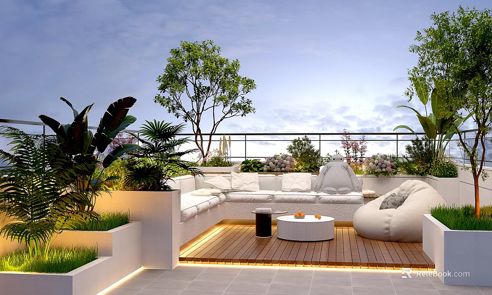 Roof Garden Design Featuring White Sofa Circular Coffee Table Wooden Flooring And Greenery 3d model 
