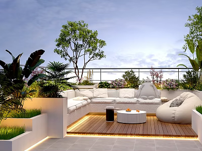 Roof Garden Design Featuring White Sofa Circular Coffee Table Wooden Flooring And Greenery 3d model