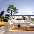 Roof Garden Design Featuring White Sofa Circular Coffee Table Wooden Flooring And Greenery