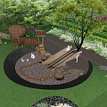 Serene Garden Landscape With Wooden Deck Outdoor Seating Trees And Lush Plants