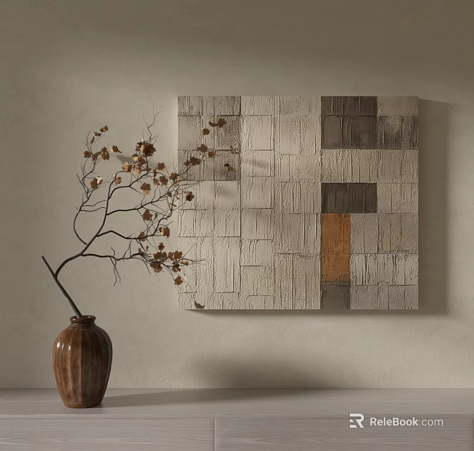 Abstract Painting with Geometric Squares Neutral Tones and Vase with Dried Branches Interior Decor 3d model 