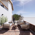 Modern Detached Villa With White Exterior Balcony Railing Paved Driveway And Green Plants