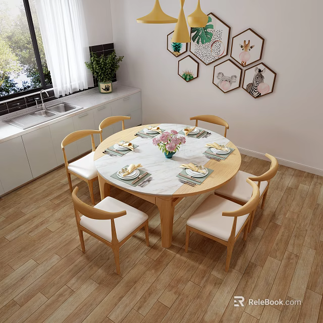Modern Round Dining Table Set With Marble Top And Wooden Chairs And Floral Centerpiece 3d model 