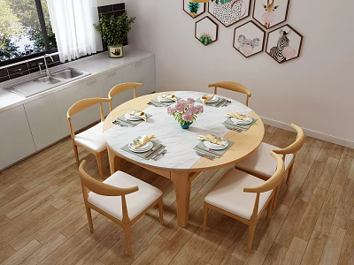 Modern Round Dining Table Set With Marble Top And Wooden Chairs And Floral Centerpiece 3d model