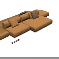 Navy Blue Sectional Sofa With Tan Accent Cushions And Modern Fabric Design
