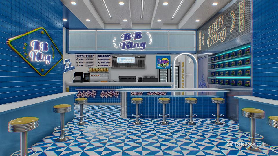 B B King Bubble Tea Shop Interior With Blue Theme Bar Counter And Yellow Stools 3d model