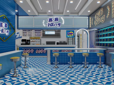 B B King Bubble Tea Shop Interior With Blue Theme Bar Counter And Yellow Stools 3d model