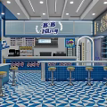 B B King Bubble Tea Shop Interior With Blue Theme Bar Counter And Yellow Stools 3d model