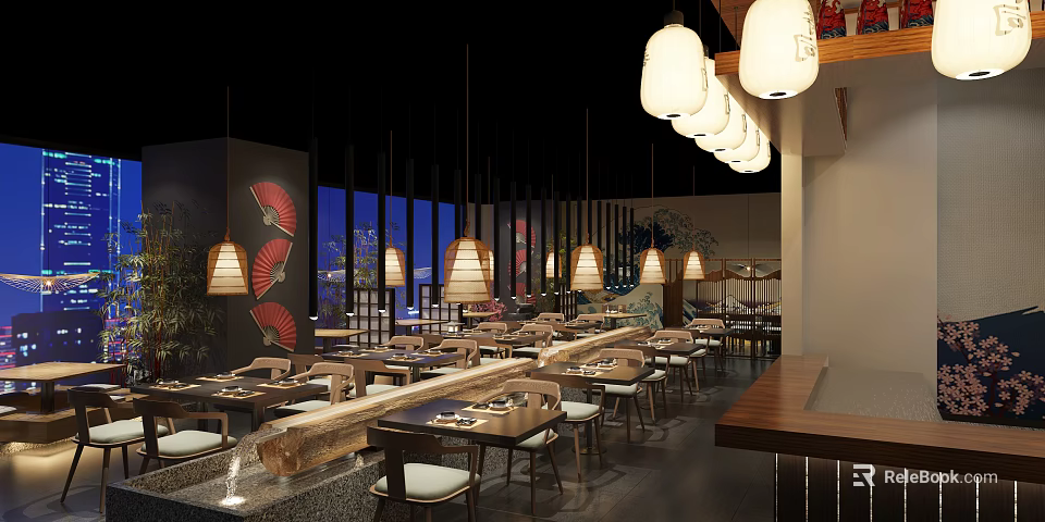 Traditional Japanese Restaurant Interior With Wooden Tables Lantern Lights And Red Fan Decorations 3d model 