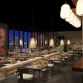 Traditional Japanese Restaurant Interior With Wooden Tables Lantern Lights And Red Fan Decorations