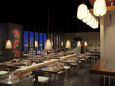 Traditional Japanese Restaurant Interior With Wooden Tables Lantern Lights And Red Fan Decorations 3d model
