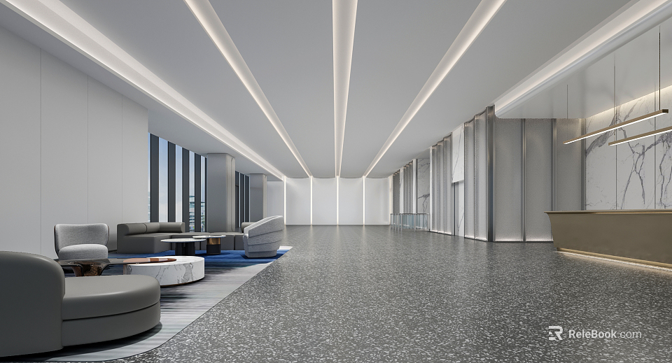 Modern Front Desk Reception Lobby With Sofa Seating And Lighting Design 3d model 