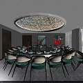 Private Dining Room Interior With Round Table Green Chairs And Chinese Traditional Decor