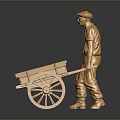 Golden Statue of Man Pushing Shiny Metallic Wheelbarrow with Smooth Surface