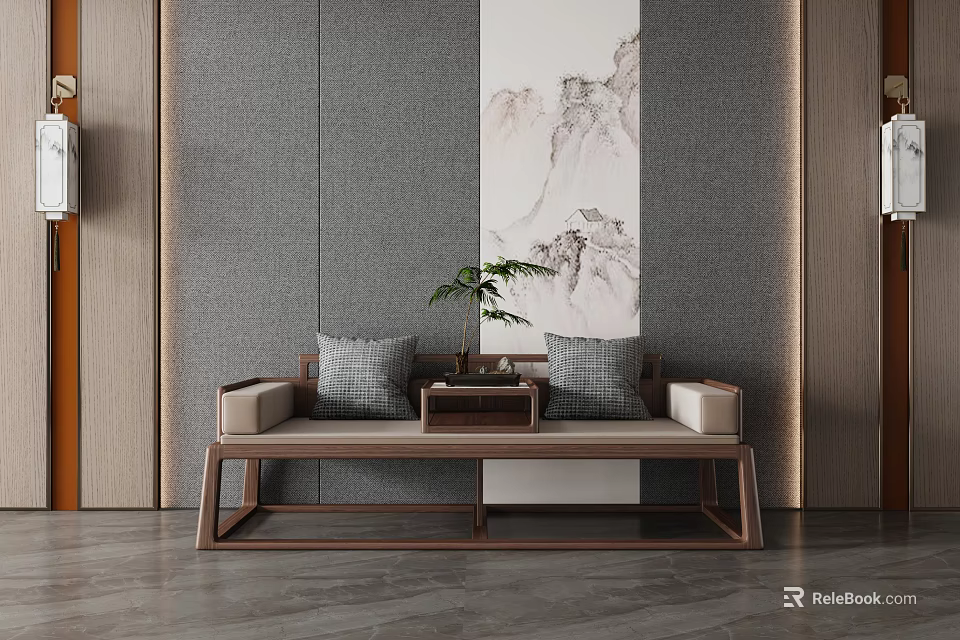 Traditional Chinese Luohan Bed with Wooden Frame Light Colored Cushion Gray Wall and Landscape Painting 3d model 