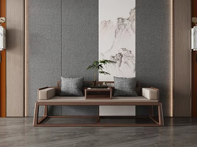 Traditional Chinese Luohan Bed with Wooden Frame Light Colored Cushion Gray Wall and Landscape Painting 3d model