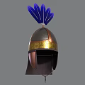 Metal Medieval Weapon Helmet Featuring Blue Feathers and Golden Decorative Band