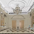 Luxurious Hotel Lobby Interior With Crystal Chandelier Marble Flooring And Arched Columns