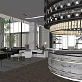 Elegant Modern Sales Office With Large Windows Green Plants Round Reception Desk Sofas And Chandelier